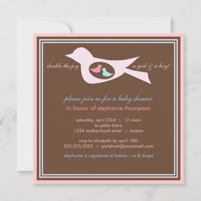 Baby Birdie Twins Pink Blue Baby Shower Invitation (Front)