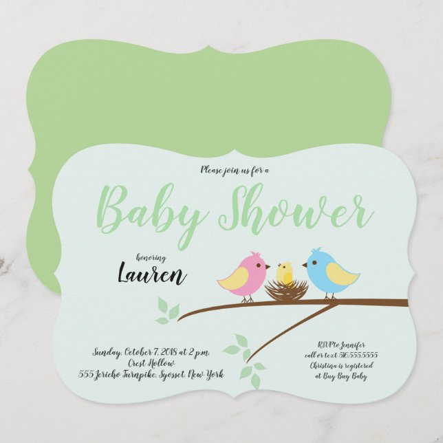 Baby birds Branch Nest Baby Shower Invitation (Front/Back)