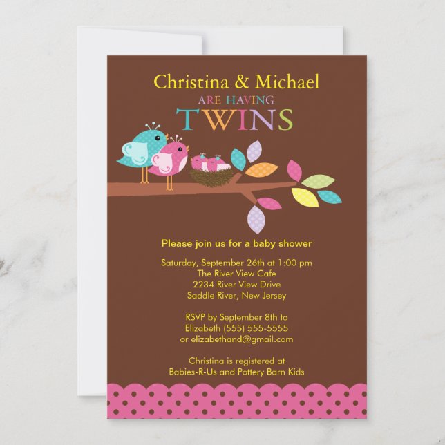 Baby Birds Nest Twins Baby Shower Invitations (Front)