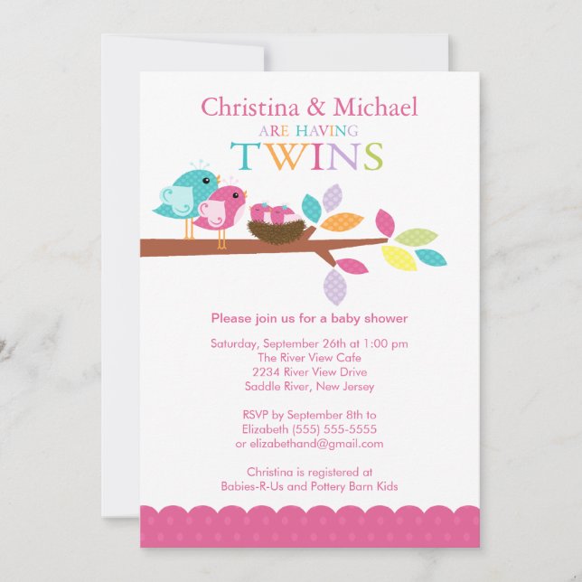 Baby Birds Nest Twins Baby Shower Invitations (Front)