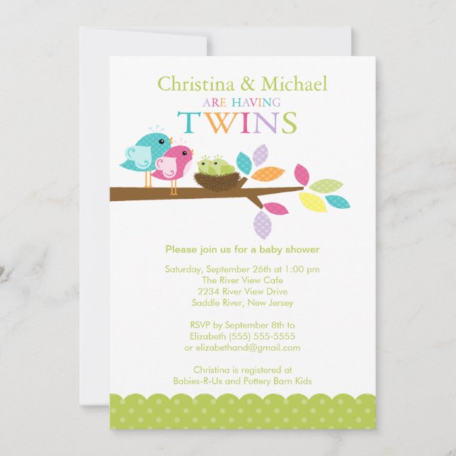 Baby Birds Nest Twins Baby Shower Invitations (Front)