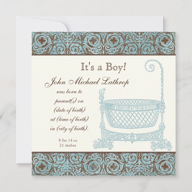 Baby Birth Announcement - Blue Brown Damask Cradle (Front)