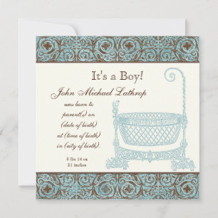 Baby Birth Announcement - Blue Brown Damask Cradle