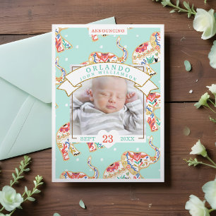 Baby Birth Announcement Card - Decorative Elephant