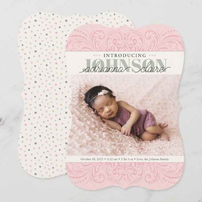 Baby Birth Announcement Card, pink green elegant (Front/Back)