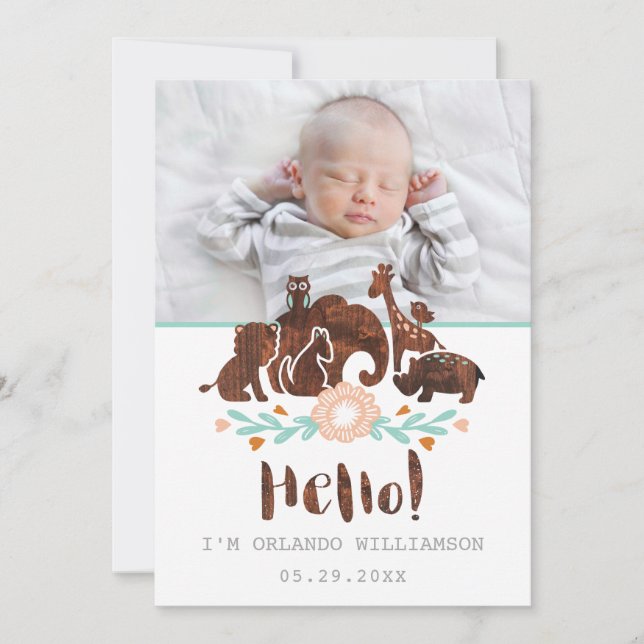 Baby Birth Announcement Card - Woodland Safari (Front)