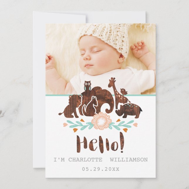 Baby Birth Announcement Card - Woodland Safari (Front)