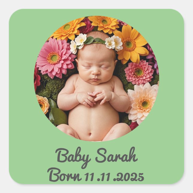baby birth announcement photo and name custom square sticker (Front)