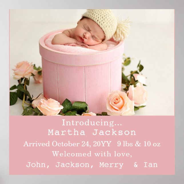 Baby Birth Announcement Photo Pink Girl Square  Poster (Front)