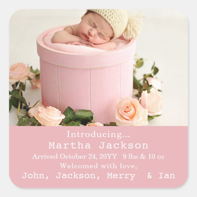 Baby Birth Announcement Photo Pink Girl Square  Square Sticker (Front)