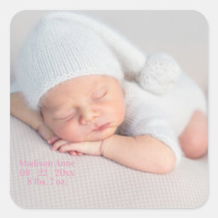 Baby Birth Announcement Photo Pink Girl Square Sticker