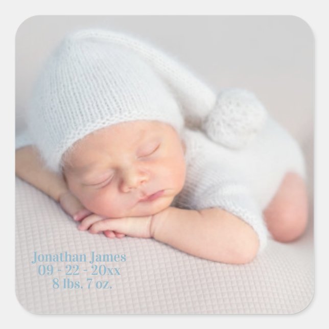 Baby Birth Announcement Photo Typography Boy Blue Square Sticker (Front)