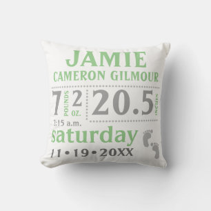 Baby Birth Announcement Pillow Green