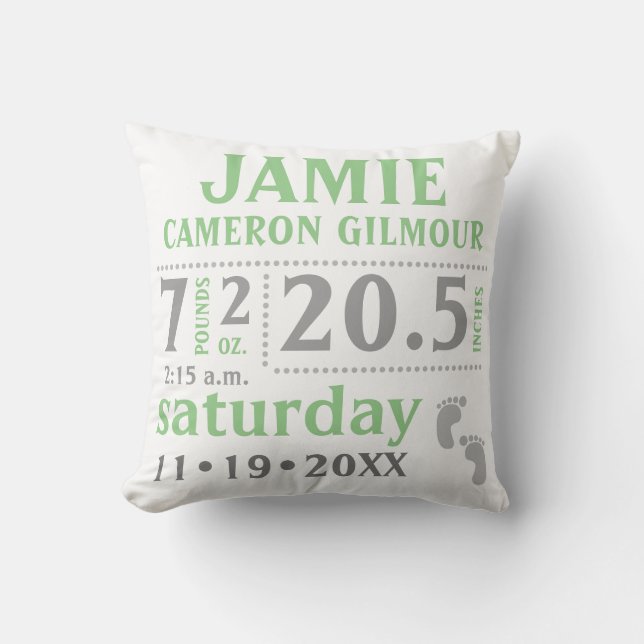 Baby Birth Announcement Pillow Green Photo (Front)