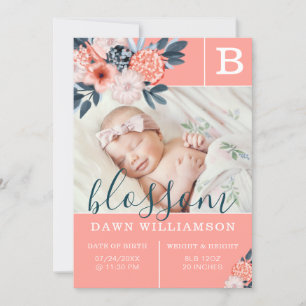 Baby Birth Announcement   Pink Watercolor Flowers