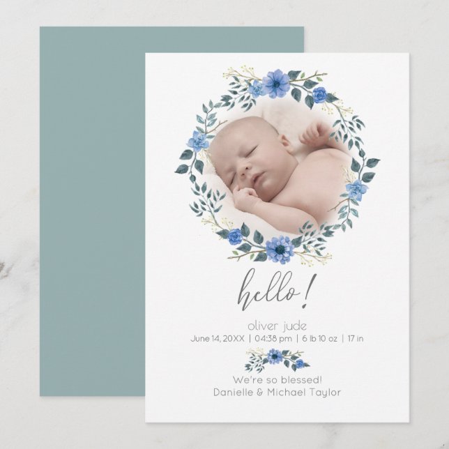 Baby Birth  Announcement | Watercolor Blue Floral (Front/Back)