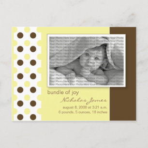 Baby Birth Announcement Yellow Polka Dots Postcard
