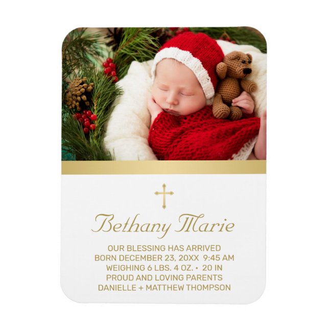 Baby Birth Christian Gold Cross Script Photo Magnet (Vertical)