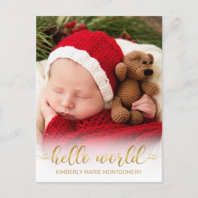 Baby Birth Hello World Photo Gold Script Hearts Holiday Postcard (Front)