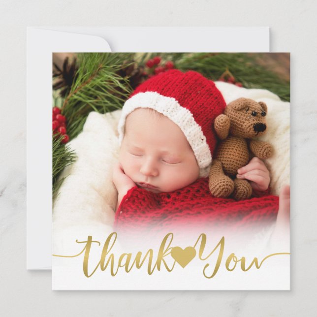 Baby Birth Modern Gold Script w/ Heart Thank You Holiday Card (Front)