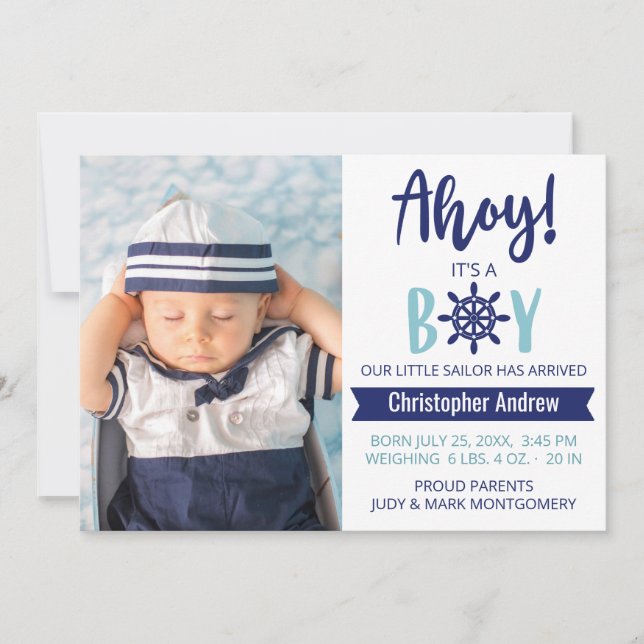 Baby Birth Nautical Ahoy Striped it's A Boy Photo Announcement (Front)