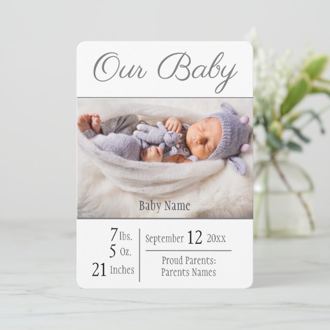 Baby Birth Photo Grey Our Baby Announcement (Standing Front)