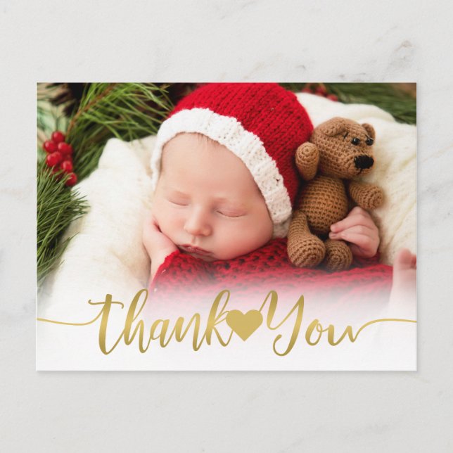 Baby Birth Photo Modern Gold Script Heart Thank U Holiday Postcard (Front)