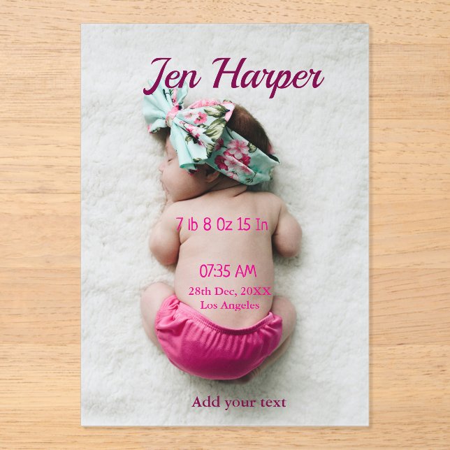 Baby birth stats add name place date keepsake memo acrylic invitations (Front)