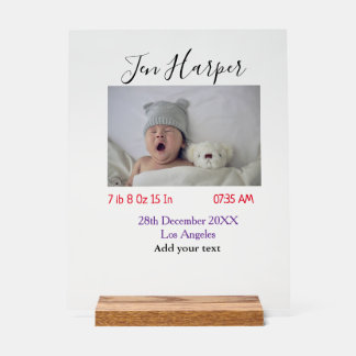 Baby birth stats add name place date keepsake memo acrylic sign