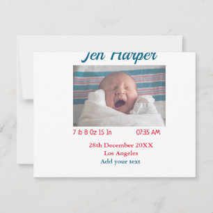 Baby birth stats add name place date keepsake memo card