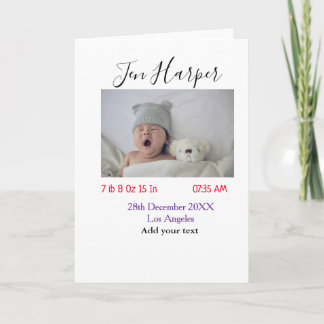 Baby birth stats add name place date keepsake memo card