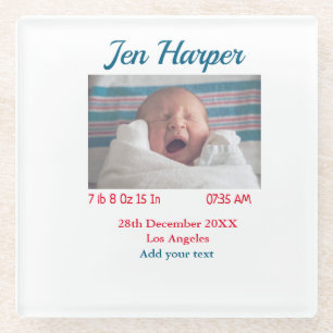 Baby birth stats add name place date keepsake memo glass coaster