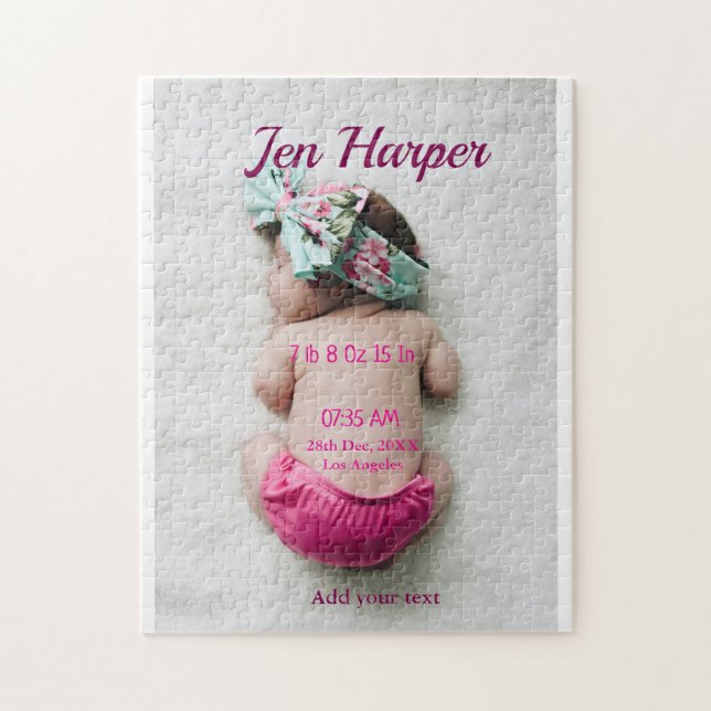 Baby birth stats add name place date keepsake memo jigsaw puzzle (Vertical)