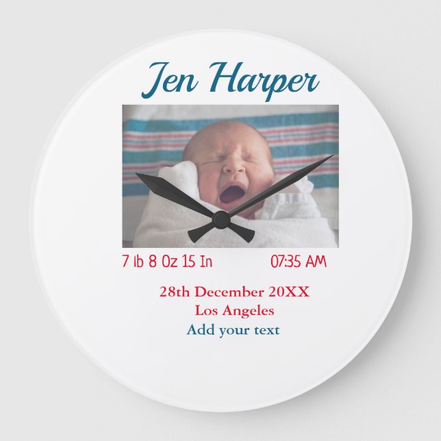 Baby birth stats add name place date keepsake memo large clock (Front)