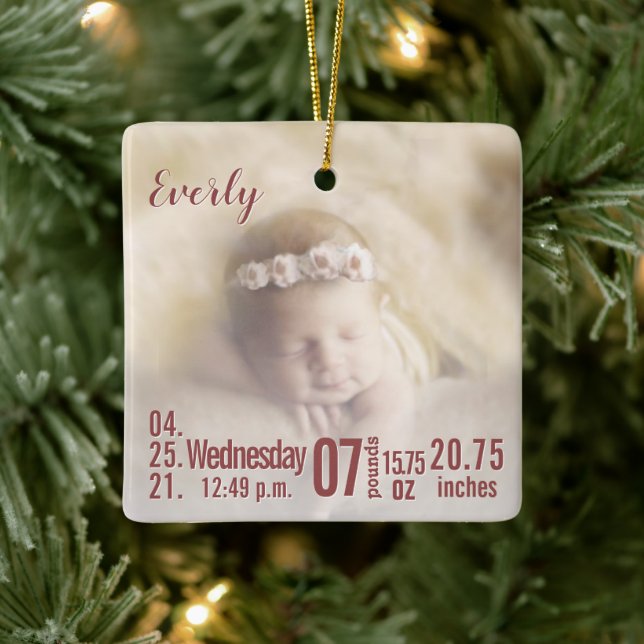 Baby Birth Stats Birth Record Christmas Photo Cera Ceramic Ornament (Tree)