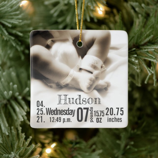 Baby Birth Stats Birth Record Christmas Photo Cera Ceramic Ornament (Tree)