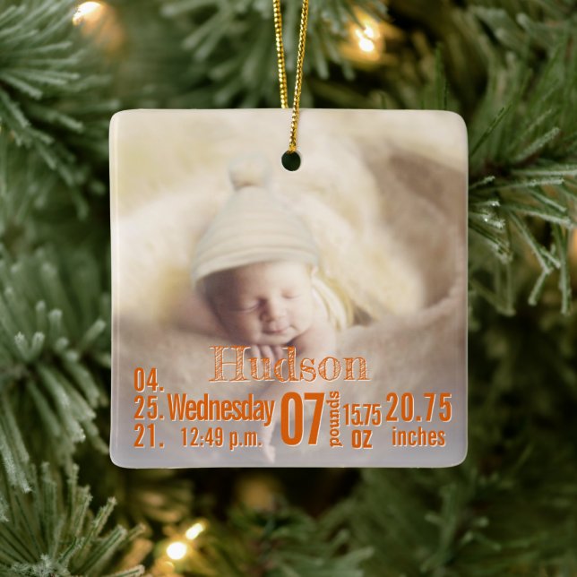 Baby Birth Stats Birth Record Christmas Photo Cera Ceramic Ornament (Tree)