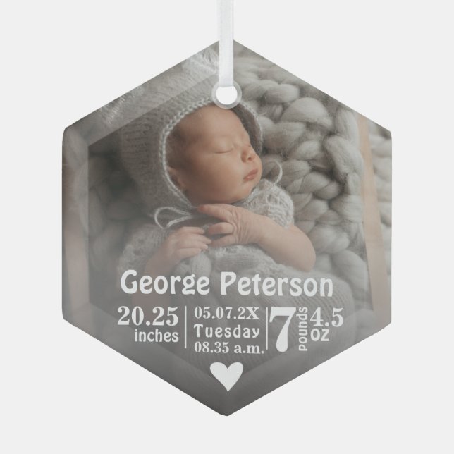 Baby Birth Stats Birth Record Photo Christmas Glass Tree Decoration (Front)