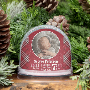 Baby Birth Stats Birth Record Photo Red Plaid Snowglobe