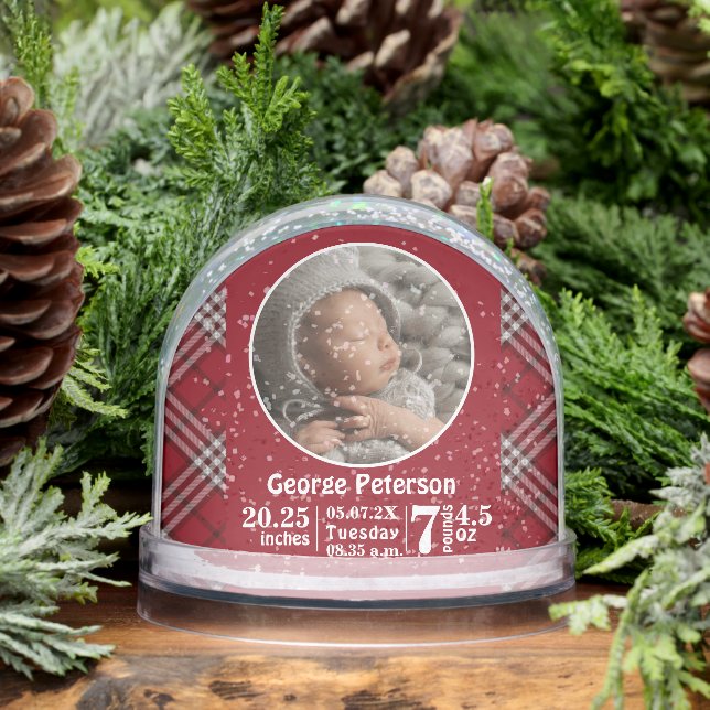 Baby Birth Stats Birth Record Photo Red Plaid  Snowglobe (Winter)