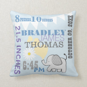 Baby Birth Stats Blue Birthday Weight Cushion
