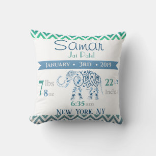 Baby Birth Stats Blue & Green Indian Elephant Cushion