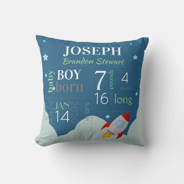 Baby Birth Stats Blue Sky with Red Space Rocket Cushion (Front)