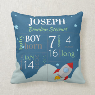 Baby Birth Stats Blue Sky with Red Space Rocket Cushion