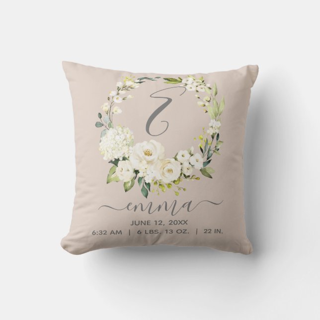 Baby Birth Stats Blush Pink White Floral Wreath Cushion (Front)