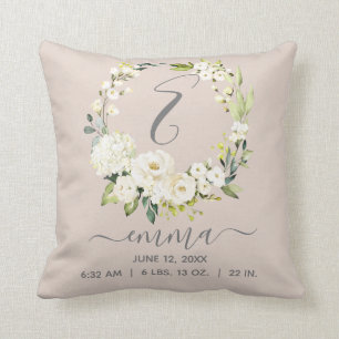 Baby Birth Stats Blush Pink White Floral Wreath Cushion