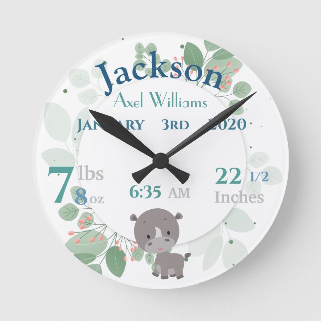 Baby Birth Stats Clock with Green Leaves and Rhino (Front)