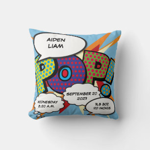 Baby Birth Stats Colourful Fun Comic Book Keepsake Cushion