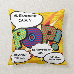 Baby Birth Stats Comic Book Pop Art Keepsake Cushion