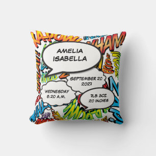 Baby Birth Stats Comic Book Pop Art Keepsake Cushion